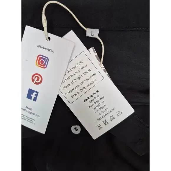 NWT Bebreez Chic 100% Polyester Shirt Dress Sash Tie Waist Black Sz L - Picture 7 of 7